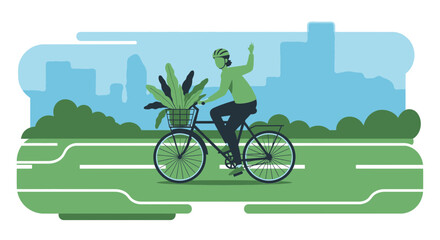 Green transportation and sustainability concept with a person riding a bicycle in a city with plants
