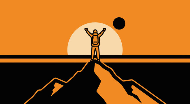 Hiker standing on mountain peak silhouette with sunset, achievement concept graphic