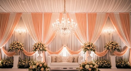 An elegant wedding stage decoration featuring peach and white drapes, a crystal chandelier, and floral arrangements, creating a romantic and luxurious ambiance for the event