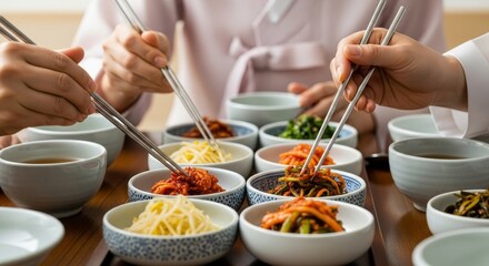 Asian hands using metal chopsticks sharing traditional Korean banchan side dishes from ceramic bowls during family meal