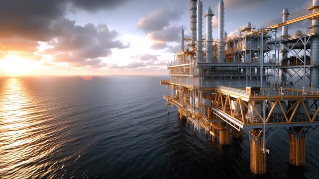 Offshore petroleum drilling platform operating during golden sunset, capturing industrial energy extraction against expansive maritime horizon with dramatic lighting