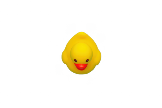 A bright yellow rubber duck toy with a cheerful expression and red beak and mouth isolated on transparent background