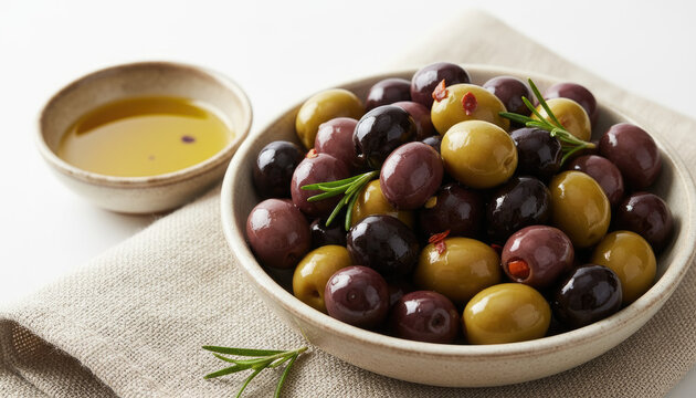 Bowl of mixed black and green olives with red chili flakes and rosemary sprigs beside a small dish of olive oil on a textured linen cloth with a white background - Powered by Adobe
