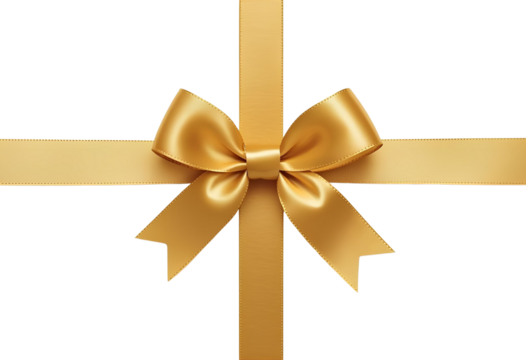 Beautiful golden satin gift ribbon bow tied in horizontal cross shape.