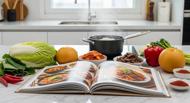 Open cookbook with colorful food photography surrounded by fresh ingredients including napa cabbage orange bell pepper nuts spices and black cooking pot on white marble kitchen counter