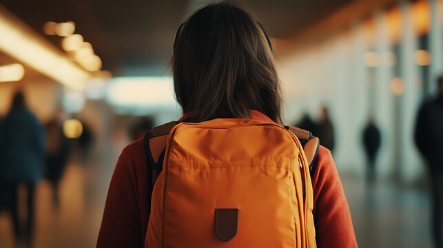 A young woman walking through a busy terminal, seen from behind, with an orange backpack, she is heading towards her gate, ready for her next adventure, travel ready.
