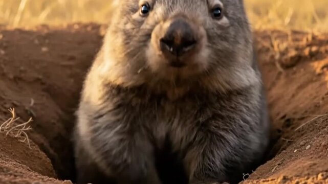 Northern Hairy Nosed Wombat Emerging from Burrow Rare Mammal 4K AI