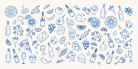 Whimsical hand drawn blue food and drink elements pattern on light background