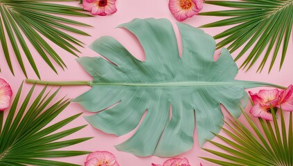 Tropical Arrangement with Monstera Leaf and Pink Flowers on a Light Colored Background.