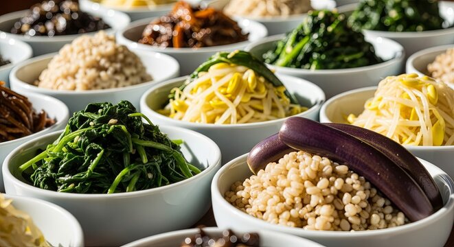 Traditional Korean banchan side dishes in white ceramic bowls featuring seasoned spinach, bean sprouts, eggplant slices, and various fermented vegetables arranged for authentic Korean meal service
