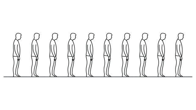 Minimalist illustration of nine identical human figures standing in a straight line, symbolizing repetition, conformity, and uniformity