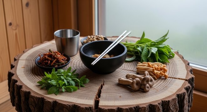 Traditional Korean herbal medicine ingredients with wooden mortar pestle chopsticks and fresh herbs on rustic wood slice table natural healing concept