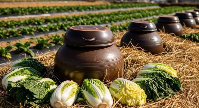 Traditional Korean ceramic pottery onggi jars with fresh napa cabbage for kimchi fermentation in organic farm field with straw mulch
