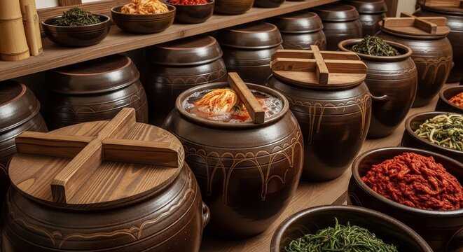 Traditional Korean ceramic onggi pottery jars with wooden lids storing fermented kimchi and various banchan side dishes in rustic kitchen setting