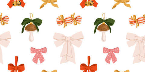 Vintage cozy Christmas seamless patterns with bows, ribbons, bells, dried oranges and festive holiday decorations, handmade retro flat vector illustration for wrapping paper and textile design