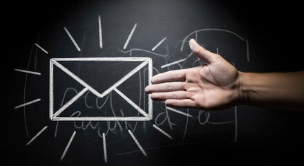 Hand reaching for a chalk drawing of an email envelope on a blackboard, symbolizing communication, connection, and the digital age, with a message waiting to be sent