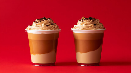Two layered coffee drinks with whipped topping and chocolate sprinkles are presented on a solid red background. The creamy beverages offer a sweet treat in a simple setting.