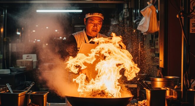 Asian chef performing dramatic flame cooking technique in professional kitchen with intense fire explosion from wok during stir fry preparation
