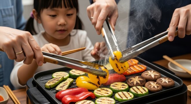 Asian family grilling colorful vegetables and mushrooms on electric grill pan with tongs while young daughter watches cooking process - Powered by Adobe