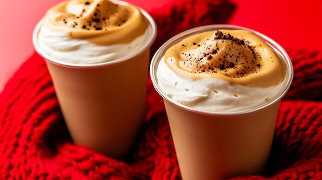 Indulge in the creamy delight of two Dalgona coffees, nestled on a cozy red knit. The perfect blend of rich coffee and smooth cream for a comforting treat. #DalgonaCoffee
