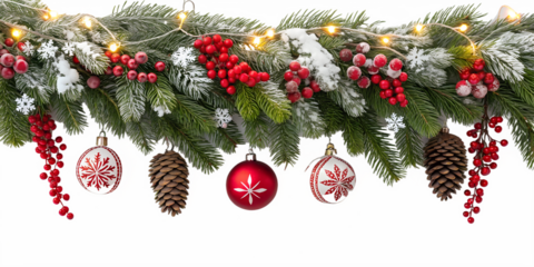 A festive evergreen Christmas garland hangs beautifully adorned with white snow, red berries, twinkling lights, decorative ornaments, and natural pine cones.