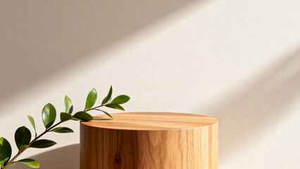 Wooden pedestal with green leaves against wall