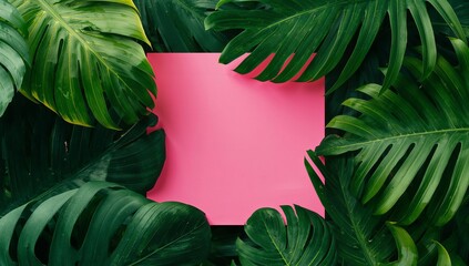 Tropical Foliage Backdrop with a Solid Pastel Rectangle, a Botanical Still Life.