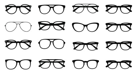 Vector art of collection of various eyeglasses, showcasing diverse styles and shapes for vision correction and fashion accessories