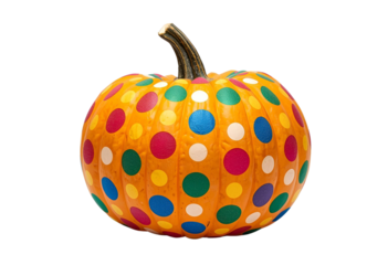 Colorful pumpkins decorated with vibrant polka dots for festive fun.