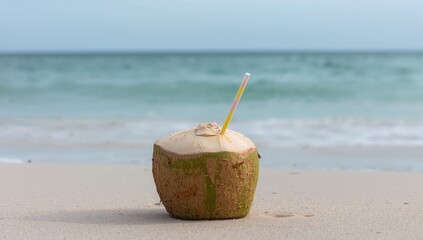 Tropical Refreshment. A Coconut Drink on a Sandy Beach with Turquoise Sea.