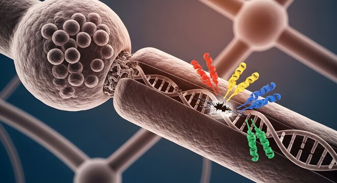 A detailed illustration of a DNA strand with colorful genetic sequences and molecular structures representing genetic information and biological processes