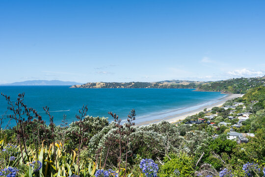 Onetangi Beach coastline on Waiheke Island, New Zealand