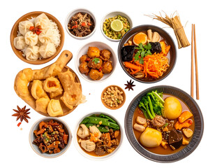 A diverse array of Asian dishes including dumplings, noodles, vegetables, and various flavorful ingredients displayed on a table