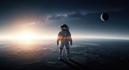 An astronaut stands on an alien planet, gazing at a distant moon and the milky way, bathed in the ethereal glow of a rising sun, a scene of cosmic exploration