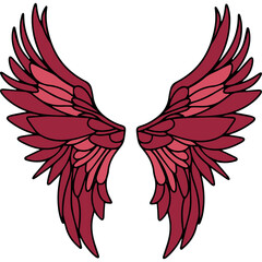 Pair of Red Feathered Wings With Black Outline On Transparent Background Vector Illustration
