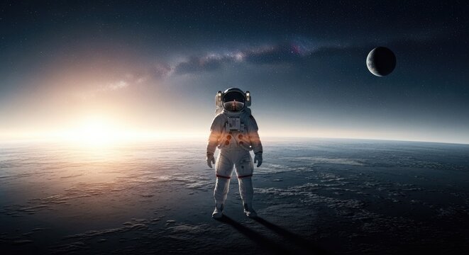 An astronaut stands on an alien planet, gazing at a distant moon and the milky way, bathed in the ethereal glow of a rising sun, a scene of cosmic exploration