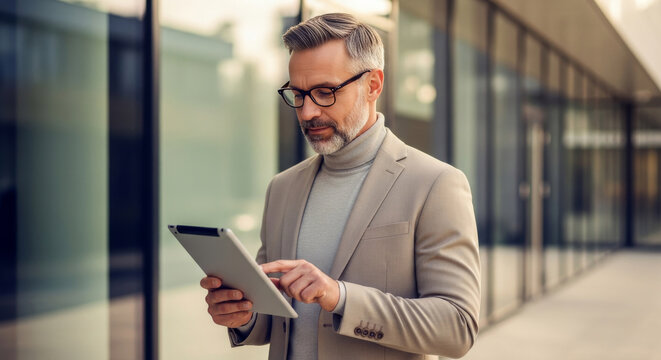 Confident mature businessman using a digital tablet outdoors in front of a modern glass office building.