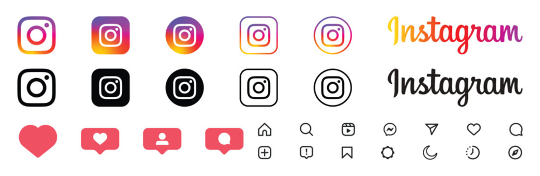 instagram logo icon set with heart message follow media ui symbols and colorful gradient brand collection