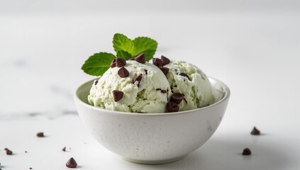 Two Scoops of Light Green Delight with Dark Toppings in a Textured White Bowl.