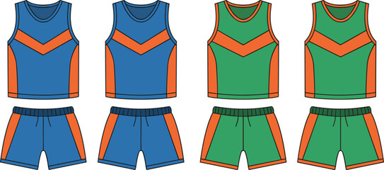 Athletic uniform set, tank tops and shorts, team sportswear, color block design, blue and green outfits, workout apparel, fitness clothing, activewear mockup