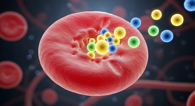 A detailed illustration of a blood cell with various colorful particles floating around it, representing biological processes inside the human circulatory system