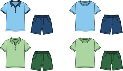 Children’s summer outfits, polo and t-shirt sets, matching shorts, colorful kidswear, casual fashion, toddler clothing, stylish boys apparel, seasonal wardrobe, playful design