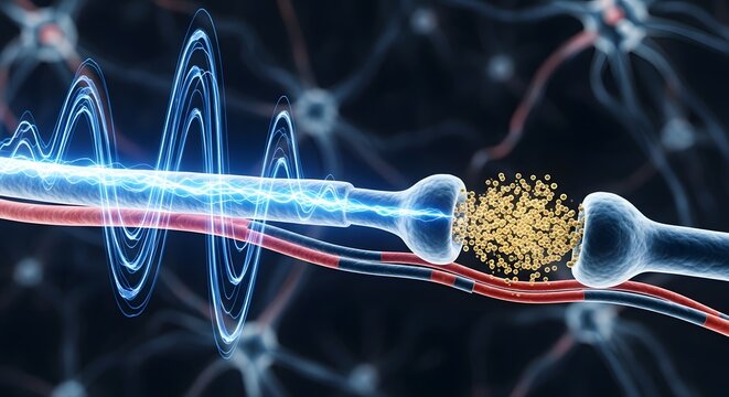A detailed digital illustration of a neuron transmitting electrical signals with synaptic activity and neural pathways in a scientific visualization style