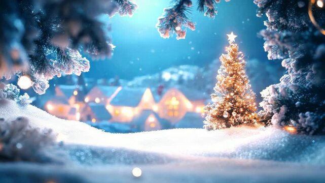 Festive scene of a snowy village at Christmas, with a Christmas tree and lights illuminating the snow-covered landscape