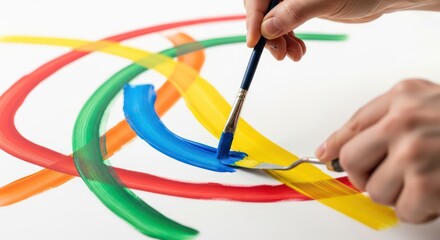 Close-up of hands drawing colorful curved arrows on a white surface with a blue marker.