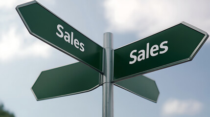 Crossroads of commerce: A signpost against a serene sky, emblazoned with 'Sales,' points in multiple directions, symbolizing choices and opportunities in the business world.