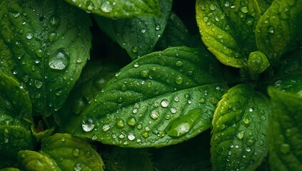 Verdant Canopy. An Exploration of Green Textures and Dewdrop Reflections, Captured in Detail.