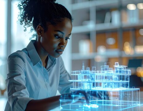 Black woman designs with illuminated model on table