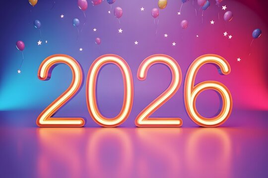 Vibrant neon numbers '2026' illuminate a festive celebration with floating balloons and twinkling stars, perfect for New Year's Eve and future event planning.