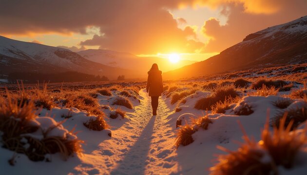 Inspiring woman walking toward stunning golden sunset in snowy mountain landscape